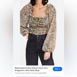 Free People Olive Floral Ruffled Long Sleeve Top
